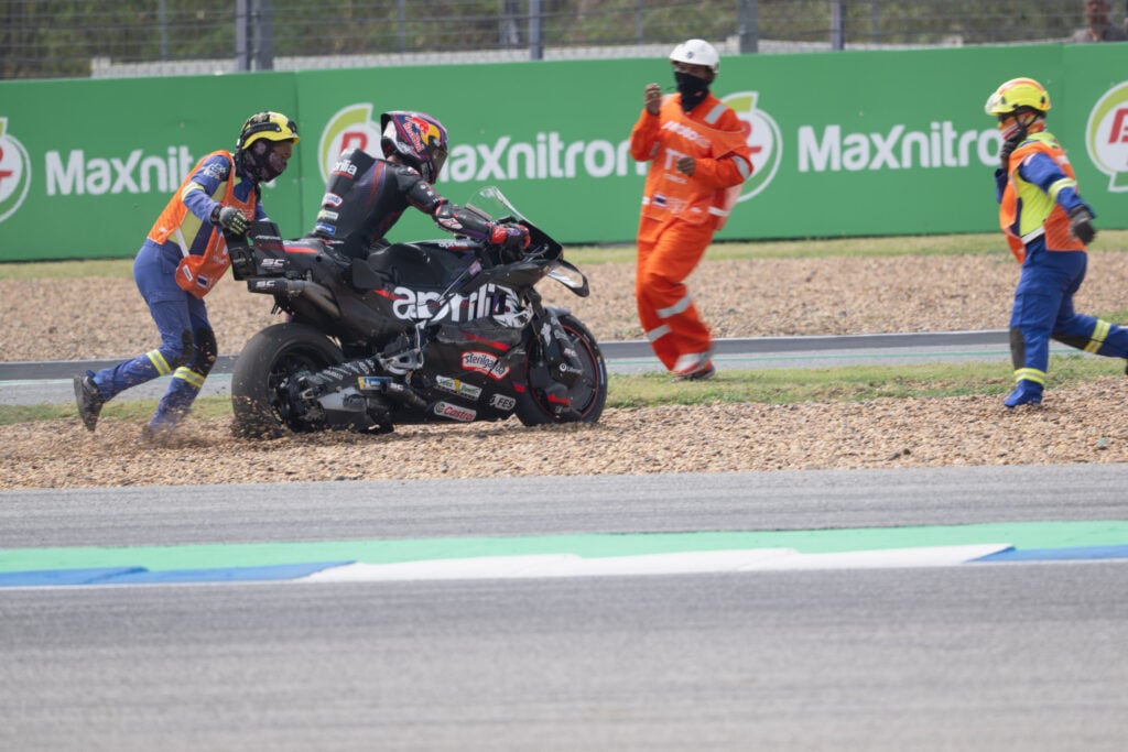 Aprilia's George Martin after crashing during free practice ahead of the MotoGP Thai Grand Prix.