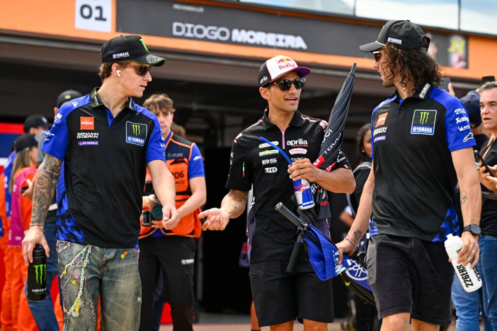 Yamaha's Fabio Quatararo and Alex Rins take to the grid with Aprilia's Jorge Martin ahead of the 2026 MotoGP Brazilian Grand Prix.