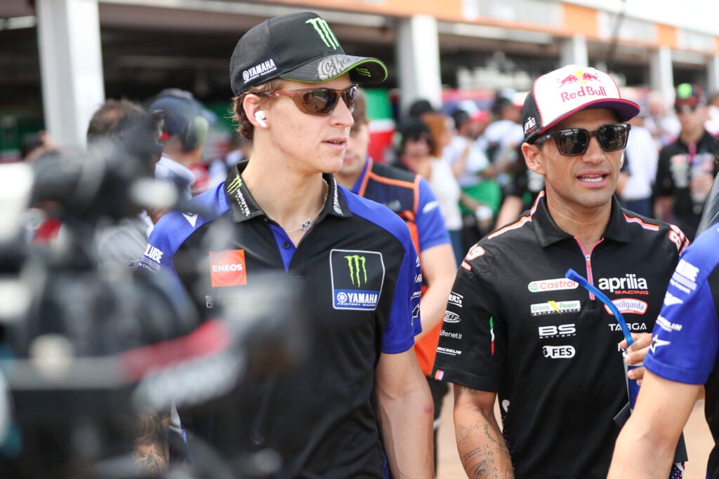 Yamaha's Fabio Quartararo with Aprilia's Jorge Martin before the riders' parade at the 2026 MotoGP Brazilian Grand Prix