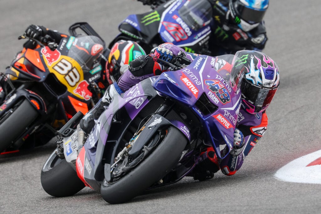 Pramac Yamaha rider Jack Miller leads KTM's Brad Binder in the COTA Sprint at the 2026 MotoGP United States Grand Prix.