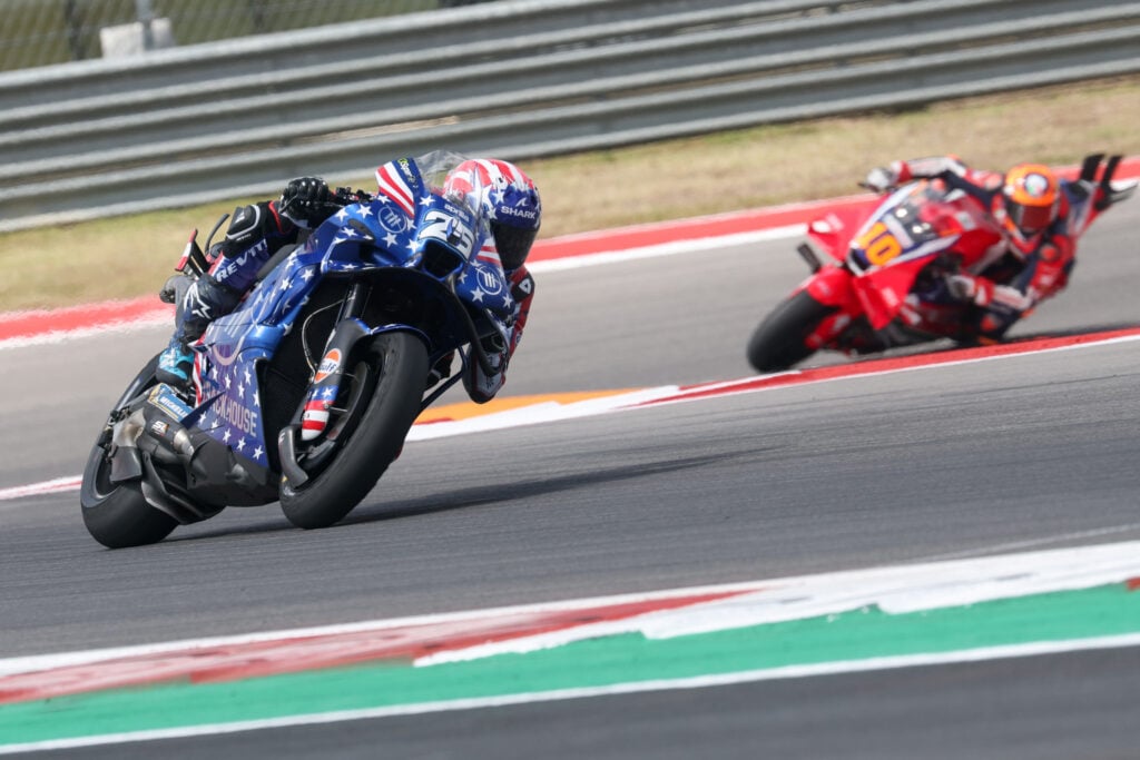 Trackhouse Aprilia rider Raul Fernandez leads Honda's Luca Marini on track during the 2026 MotoGP United States Grand Prix