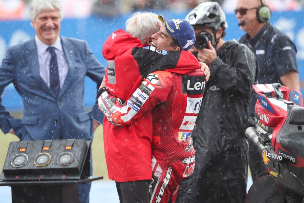 Ducati team manager Davide Tardozzi celebrates with Marc Marquez after he won the Jerez Sprint Race at the 2026 MotoGP Spanish Grand Prix