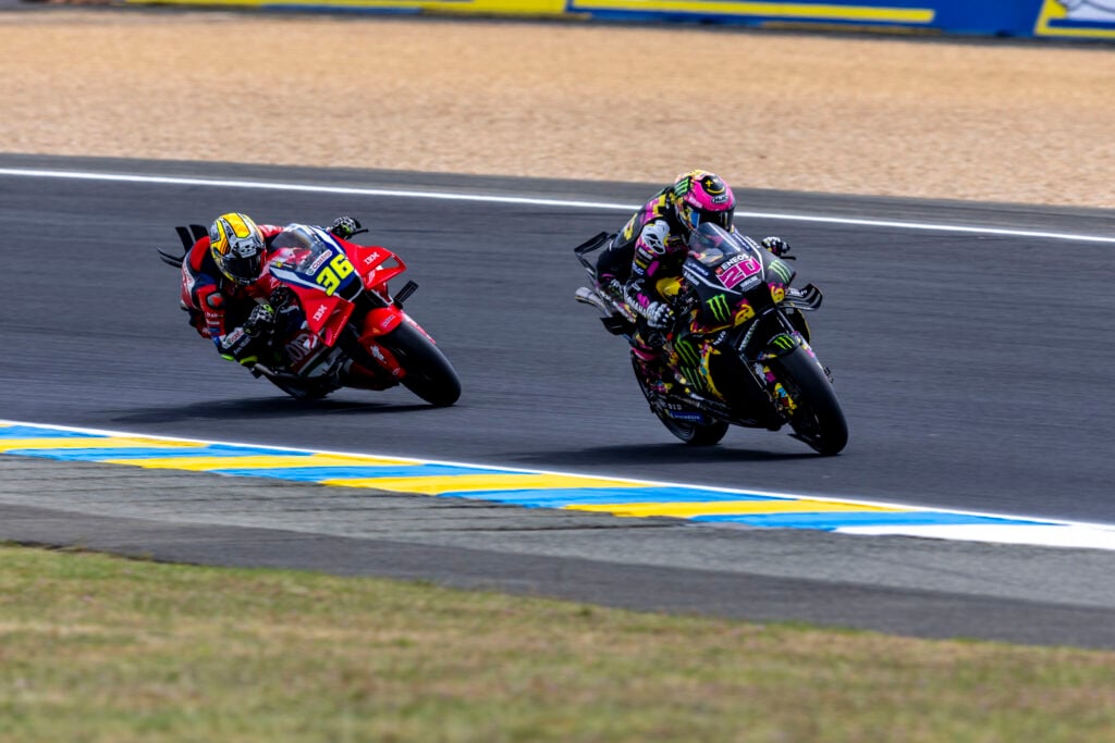 Yamaha's Fabio Quartararo leads Honda's Joan Mir on track during the 2026 MotoGP French Grand Prix
