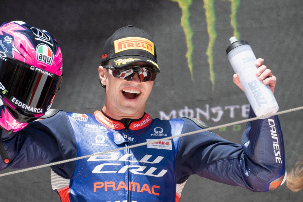 Pramac Moto2 rider Izan Guevara celebrates on the podium at the 2026 Catalunya Grand Prix