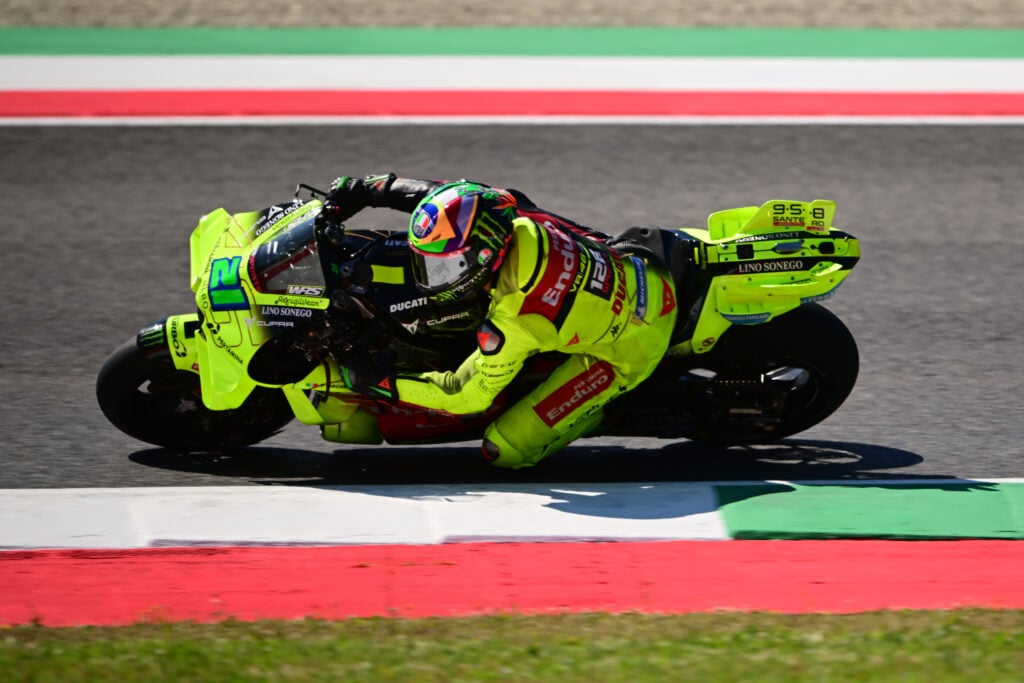 VR46 Ducati rider Franco Morbidelli during the Mugello sprint race at the 2026 MotoGP Italian Grand Prix track