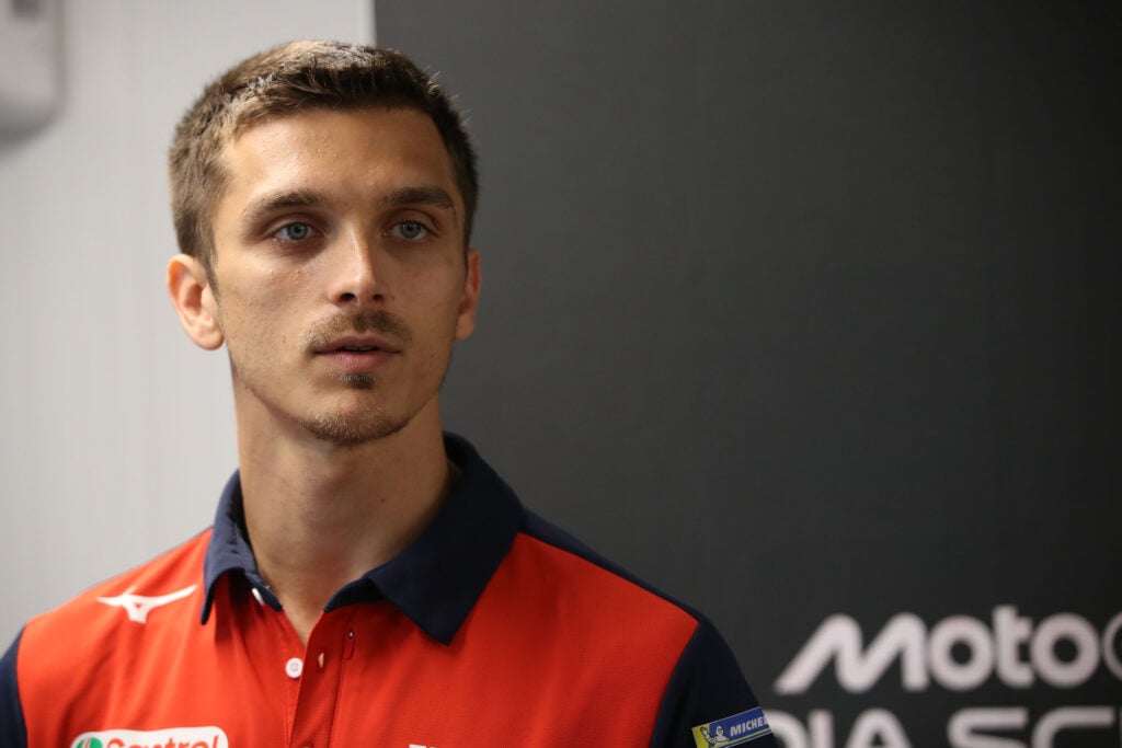 Honda rider Luca Marini in the media scrums at the 2026 Italian Grand Prix