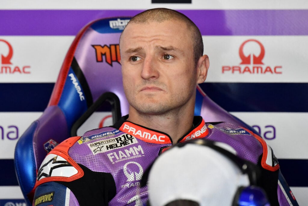Pramac Yamaha rider Jack Miller looks on from the garage during practice for the 2026 MotoGP Hungarian Grand Prix.