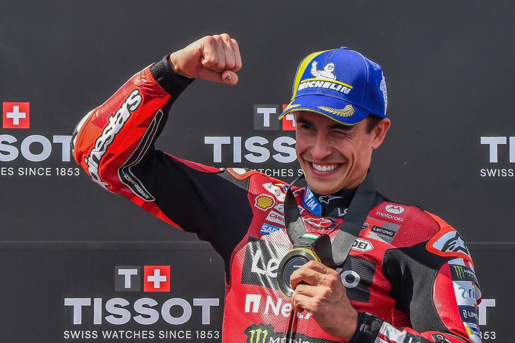 Ducati rider Marc Marquez celebrates winning the Balaton Park Sprint Race at the 2026 MotoGP Hungarian Grand Prix