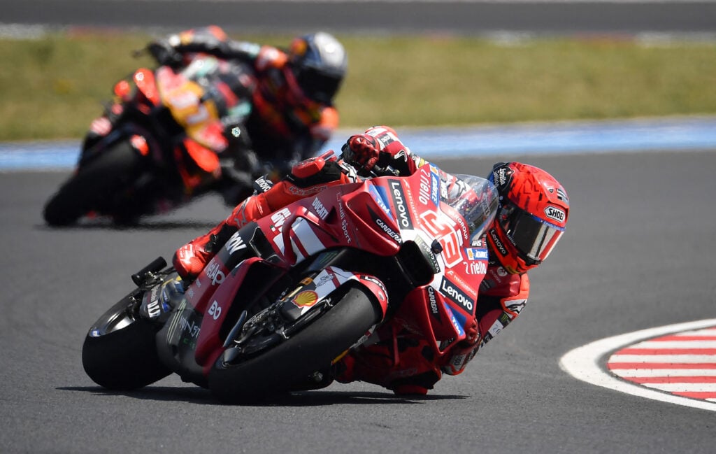 Ducati rider Marc Marquez will lead KTM's Pedro Acosta at the 2026 MotoGP Hungarian Grand Prix.