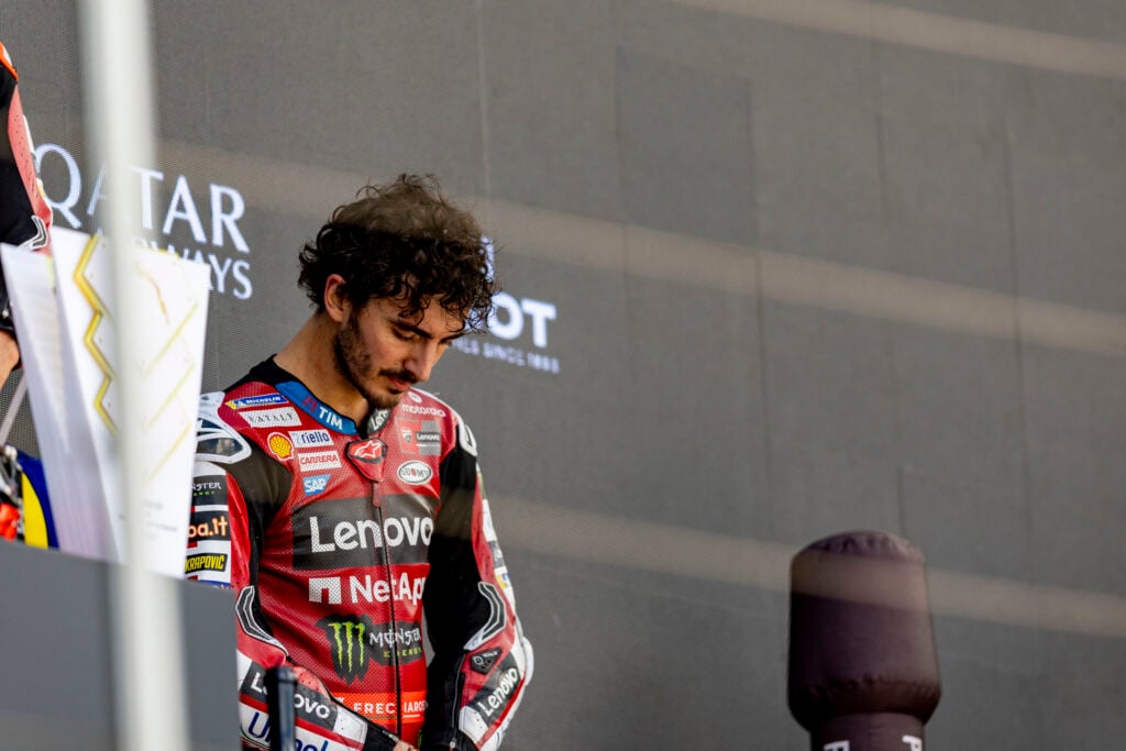 Ducati rider Francesco Bagnaia on stage at Balaton Park after P3 at the 2026 MotoGP Hungarian Grand Prix