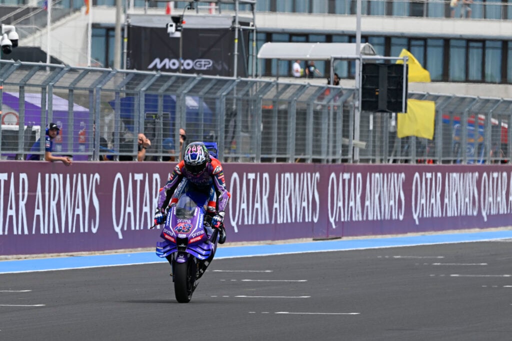 Pramac Yamaha rider Jack Miller does a stoppie during practice at the 2026 MotoGP Hungarian Grand Prix