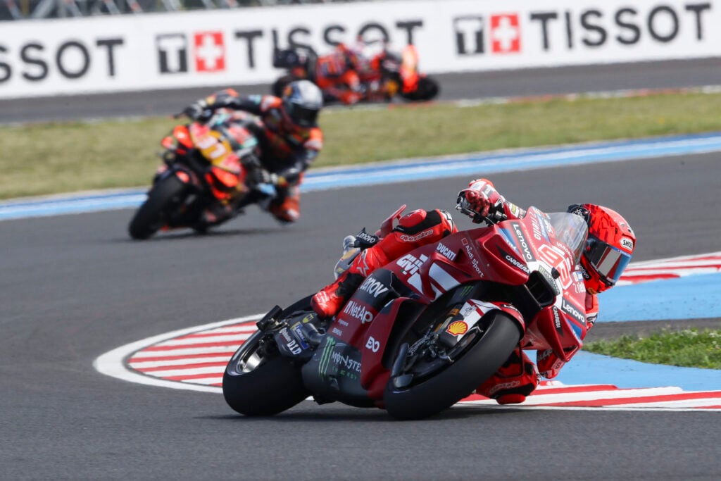 Ducati rider Marc Marquez leads KTM's Pedro Acosta on track during the Balaton Park Sprint Race at the 2026 MotoGP Hungarian Grand Prix