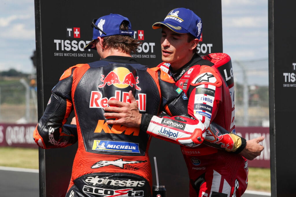 Ducati's Marc Marquez congratulates KTM's Pedro Acosta after the Balaton Park Sprint Race at the 2026 MotoGP Hungarian Grand Prix