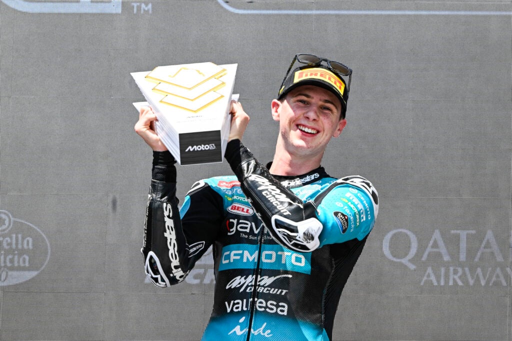 Maximo Quiles celebrates after winning the 2026 Moto3 round at Balaton Park in Hungary.