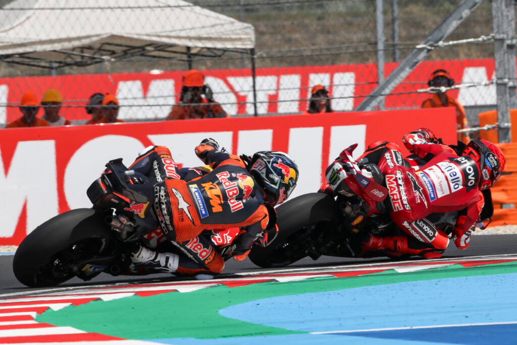 Ducati rider Marc Marquez leads KTM rider Pedro Acosta during the MotoGP Hungarian Grand Prix.