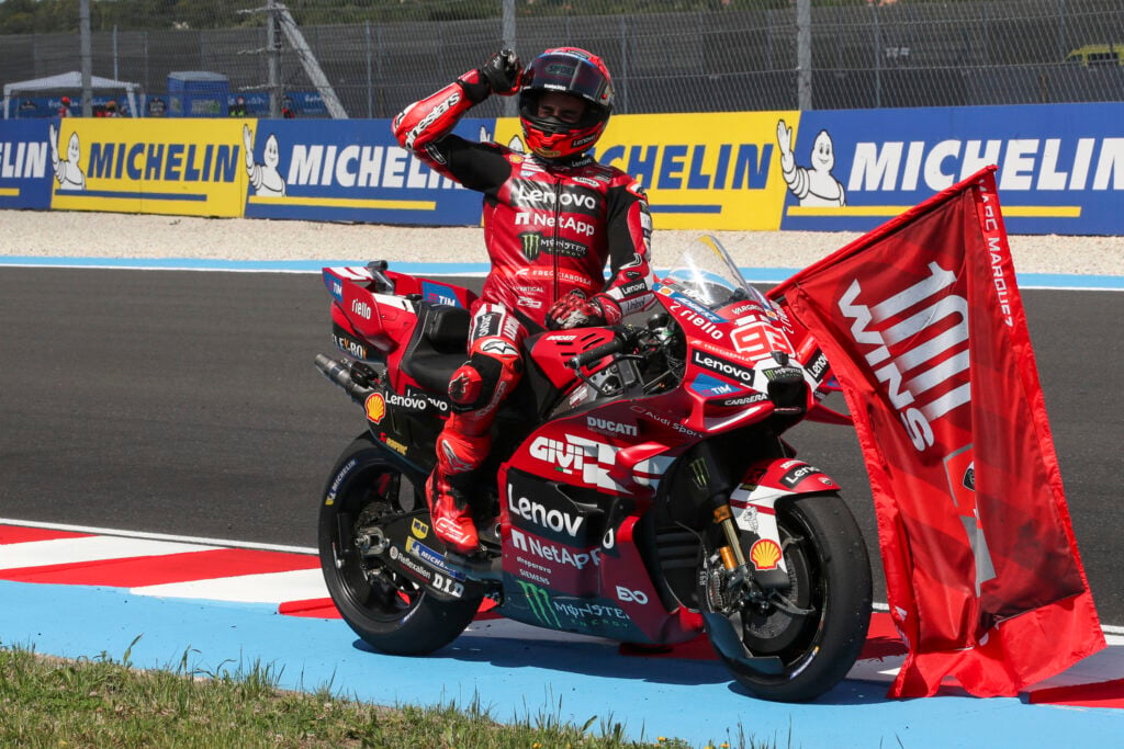 Ducati's Marc Marquez celebrates after his 100th MotoGP win at the Hungarian Grand Prix.