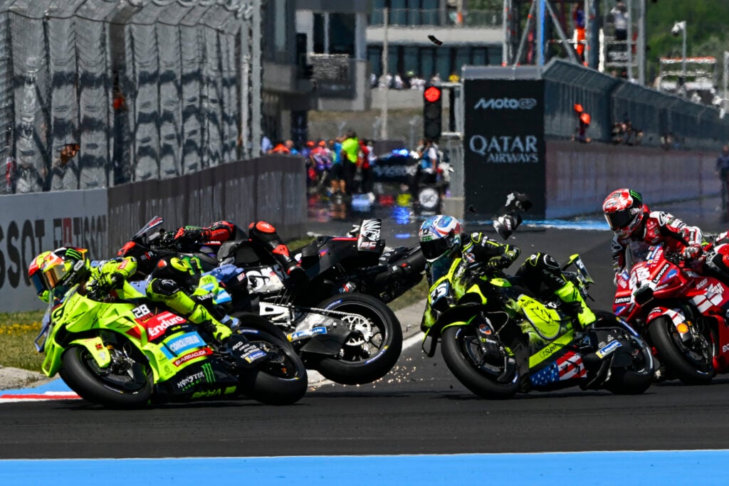 George Martin of Aprilia A massive Turn 1 wreck at the 2026 MotoGP Hungarian Grand Prix