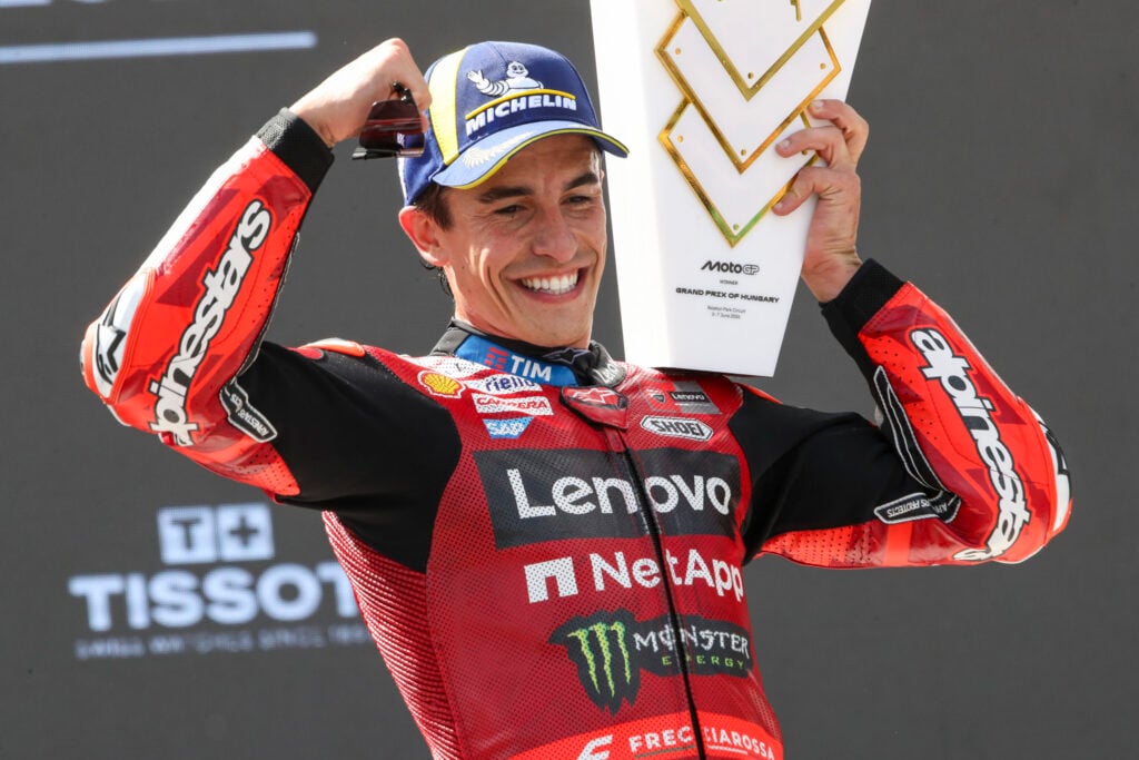 Marc Marquez of Ducati celebrates winning the MotoGP Hungarian Grand Prix.