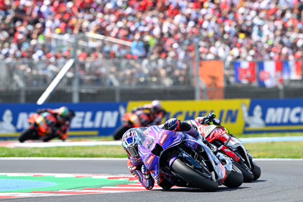 Pramac Yamaha rider Jack Miller on track with LCR Honda's Diogo Moreira at the 2026 MotoGP Hungarian Grand Prix