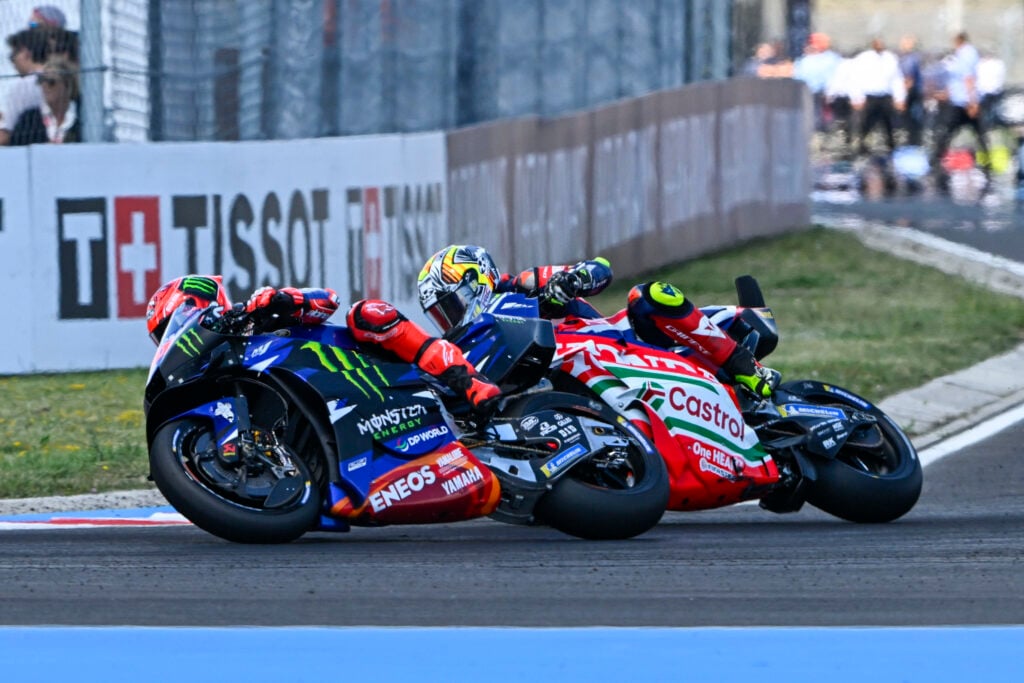 Yamaha rider Fabio Quartararo on track with Honda's Joan Mir during the 2026 MotoGP Hungarian Grand Prix