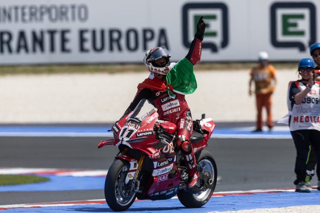 Ducati's Niccolò Bulega celebrated the World Superbike victory at Misano