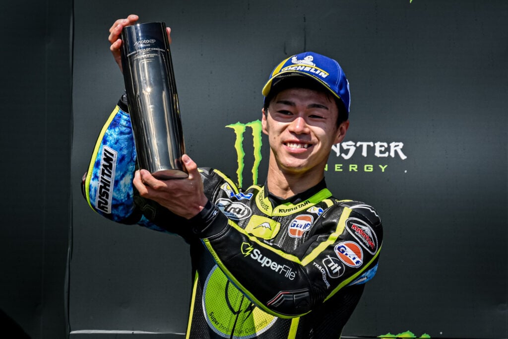 Ai Ogura of Trackhouse celebrates on the Czech Grand Prix podium