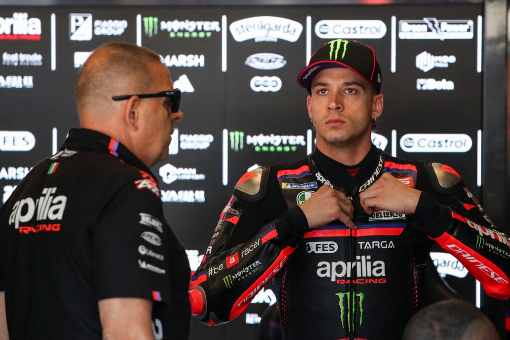 Marco Bezecchi of Aprilia prepares for free practice at the Czech Grand Prix.