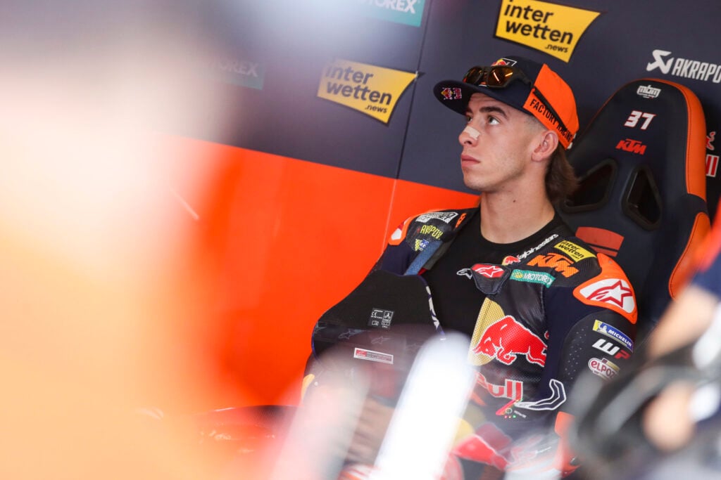 KTM rider Pedro Acosta looks on from the garage during FP1 at the 2026 MotoGP Czech Grand Prix