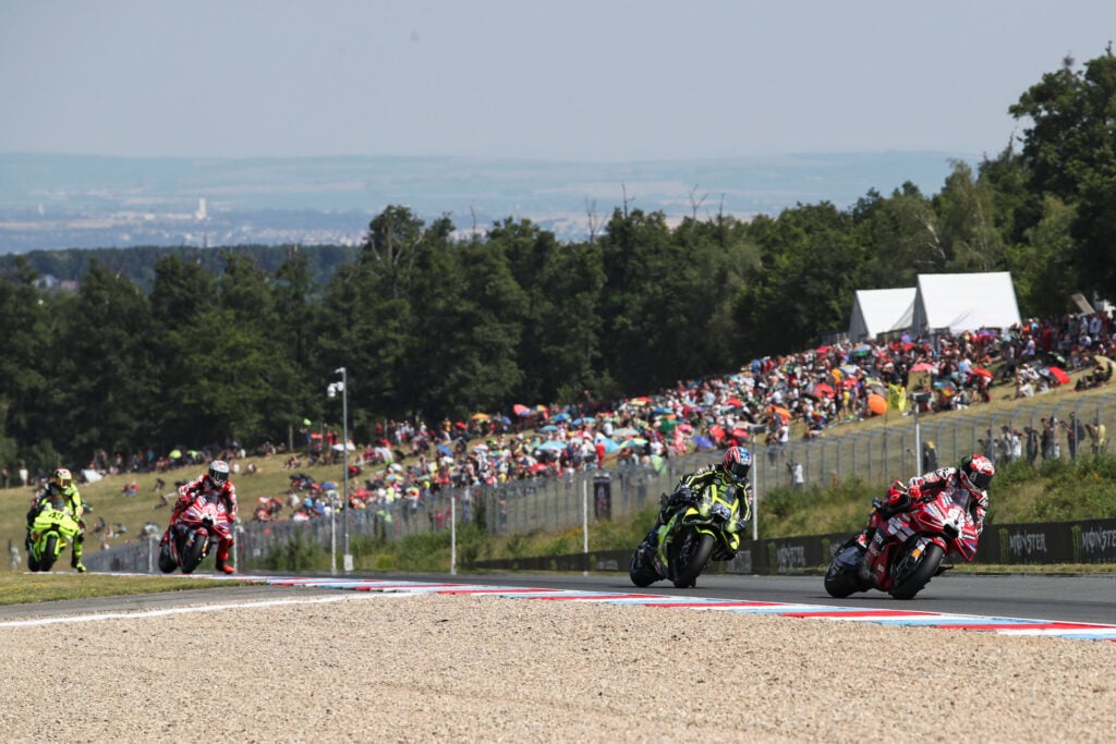 Ducati rider Francesco Bagnaia leads Ai Ogura of Trackhouse to win the Brno Sprint Race at the 2026 MotoGP Czech Grand Prix