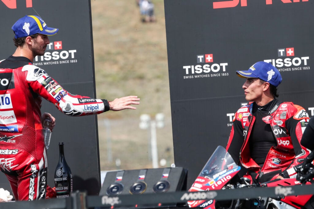 Francesco Bagnaia and Ducati's Marc Marquez after the Czech Grand Prix.