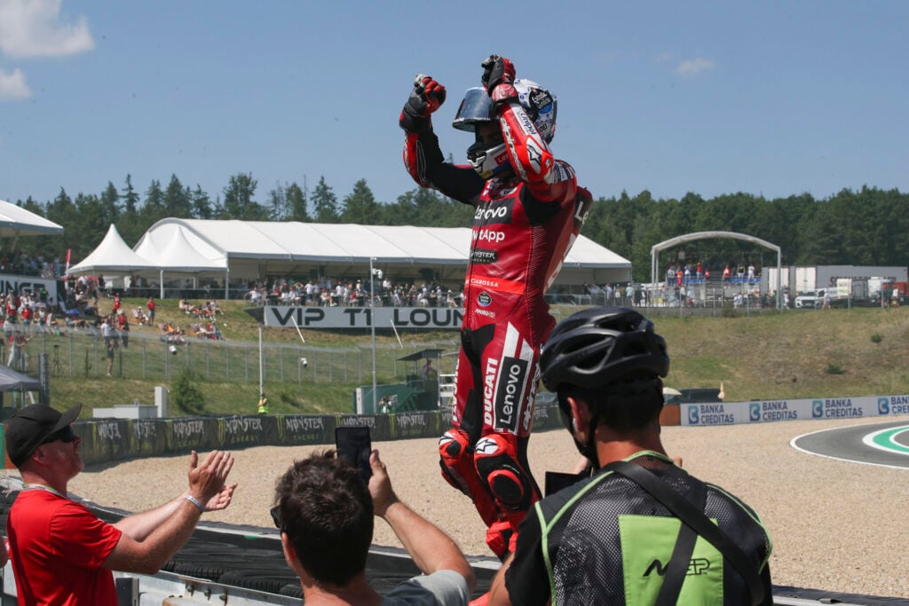 Ducati rider Marc Marquez celebrates winning the 2026 MotoGP Czech Grand Prix