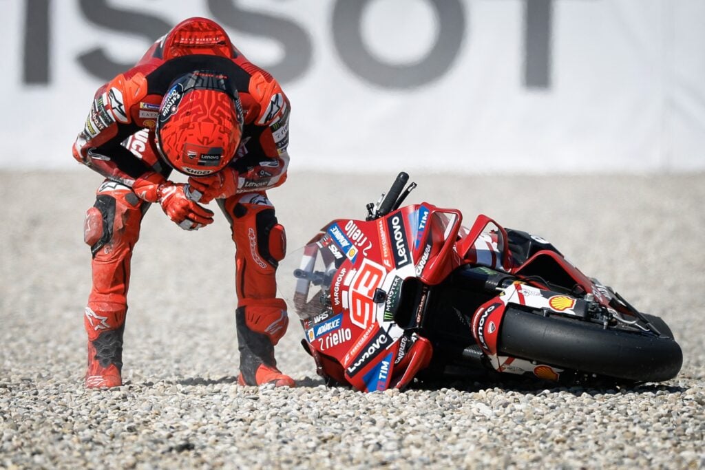 Ducati's Marc Marquez is bowed out after a crash.