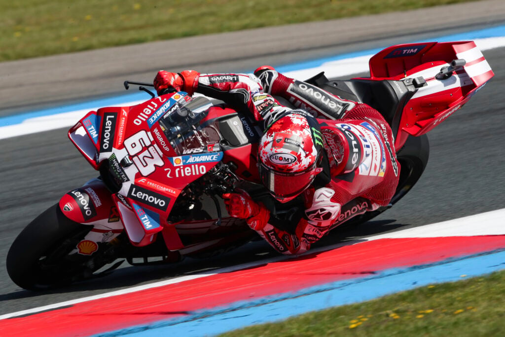 Ducati rider Francesco Bagnaia in FP1 at the 2026 MotoGP Dutch Grand Prix track