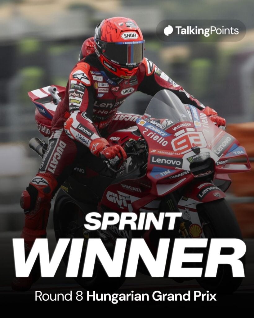 Marc Marquez on his Ducati MotoGP bike during the 2026 Hungarian Grand Prix Sprint.