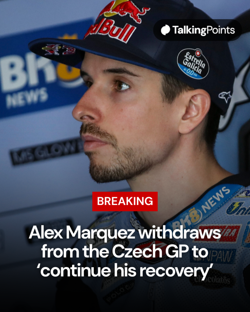 Alex Marquez looks on from the Gresini garage during practice for the 2026 MotoGP Czech Grand Prix after suffering a back injury.