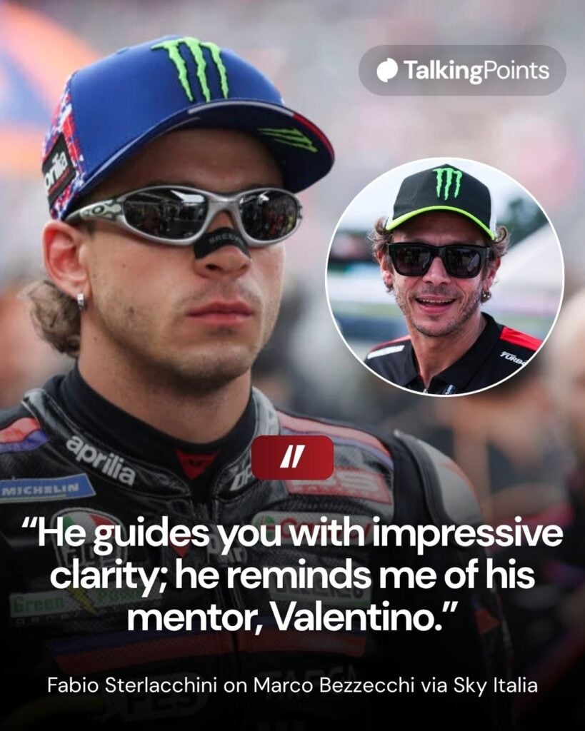 Marco Bezzecchi on the grid ahead of a MotoGP race, with a portrait of Valentino Rossi as the inset photo.