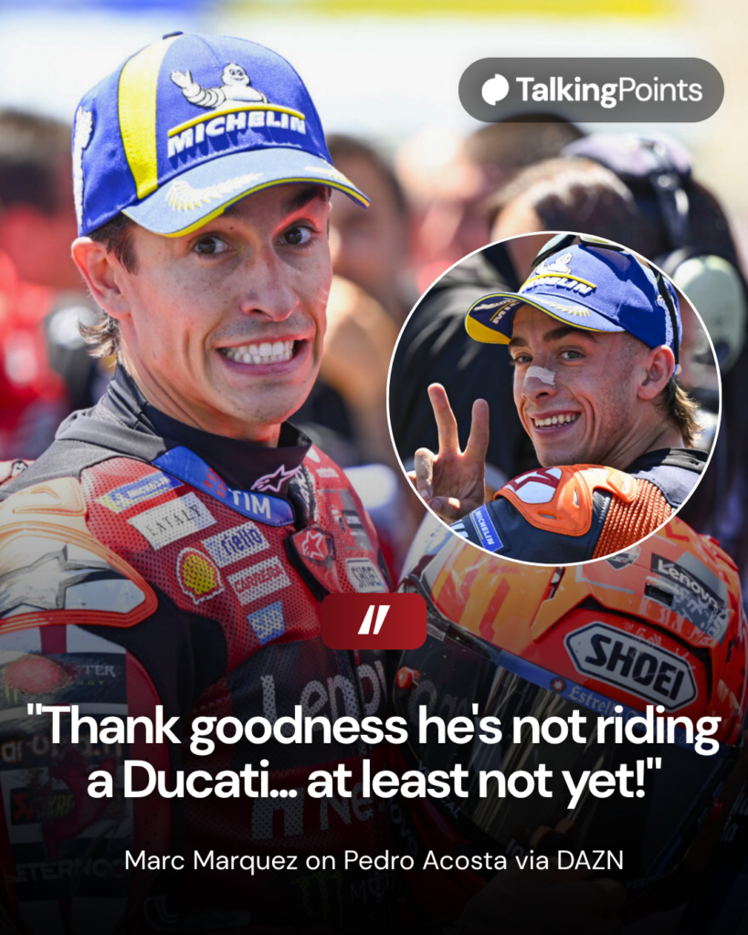 Image of Marc Marquez posing with his helmet and Pedro Acosta smiling whilst doing a peace sign after the 2026 Hungarian Sprint race