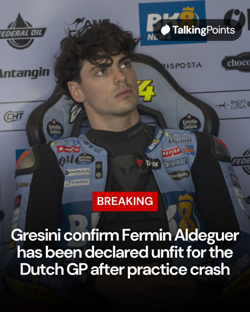 Fermin Aldeguer sits in the Gresini box during practice for the 2026 Dutch Grand Prix.