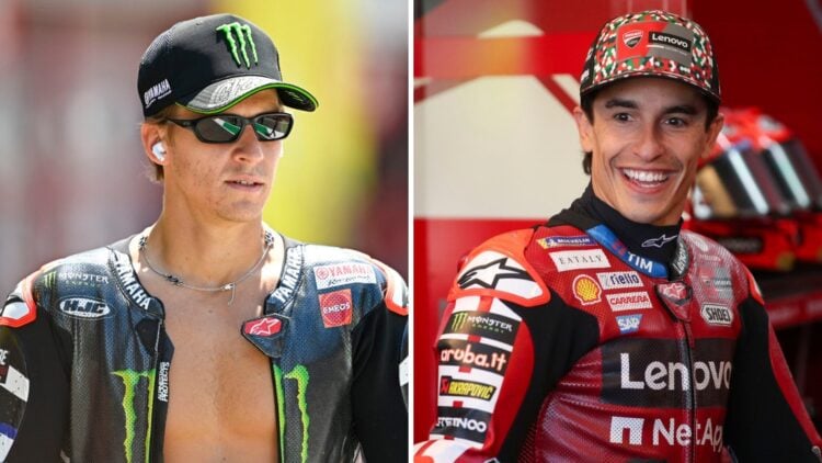 Yamaha rider Fabio Quartararo walks to the grid ahead of the 2026 MotoGP Italian Grand Prix and Ducati's Marc Marquez smiles in the garage during q...