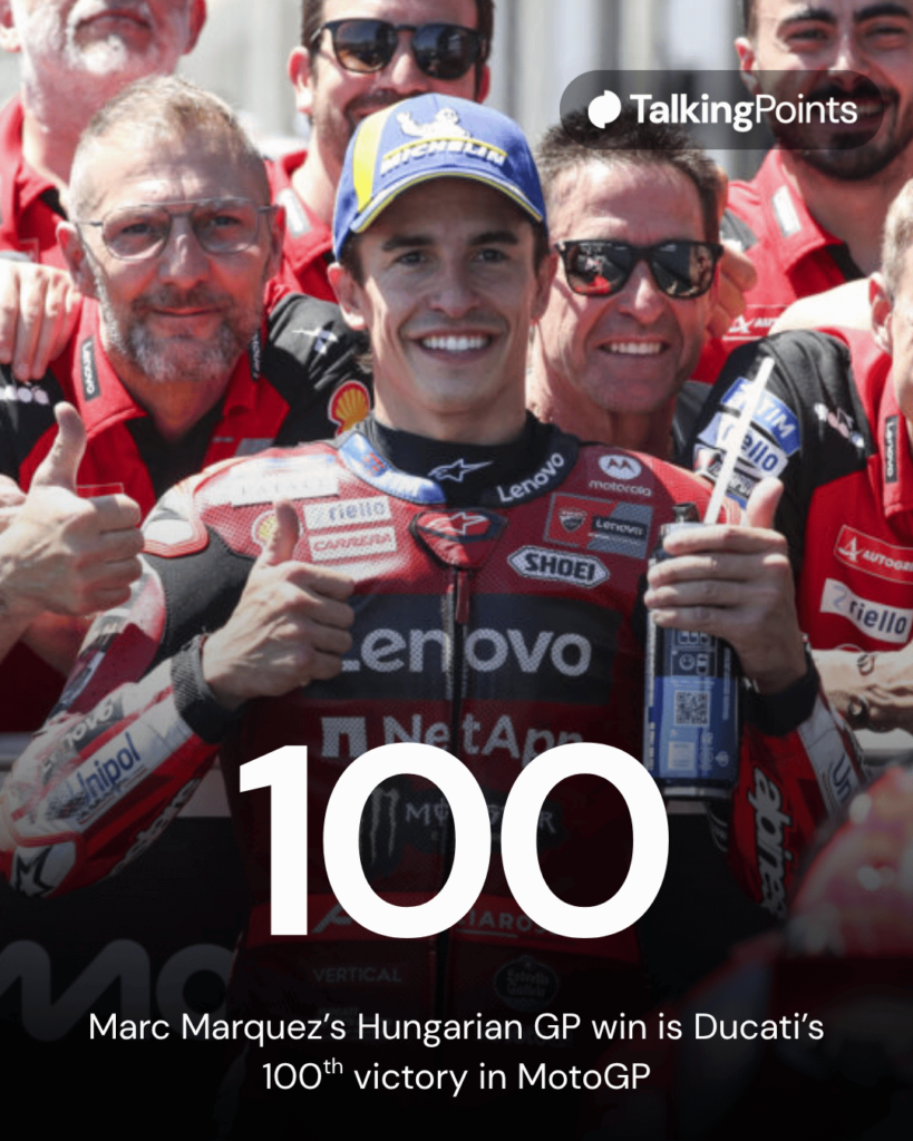 Marc Marquez celebrates with Ducati engineers after winning the 2026 Hungarian Grand Prix.