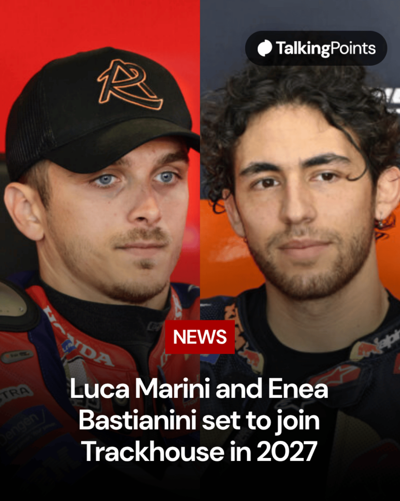 A split graphic of Honda rider Luca Marini and Tech3 rider Enea Bastianini in their garages