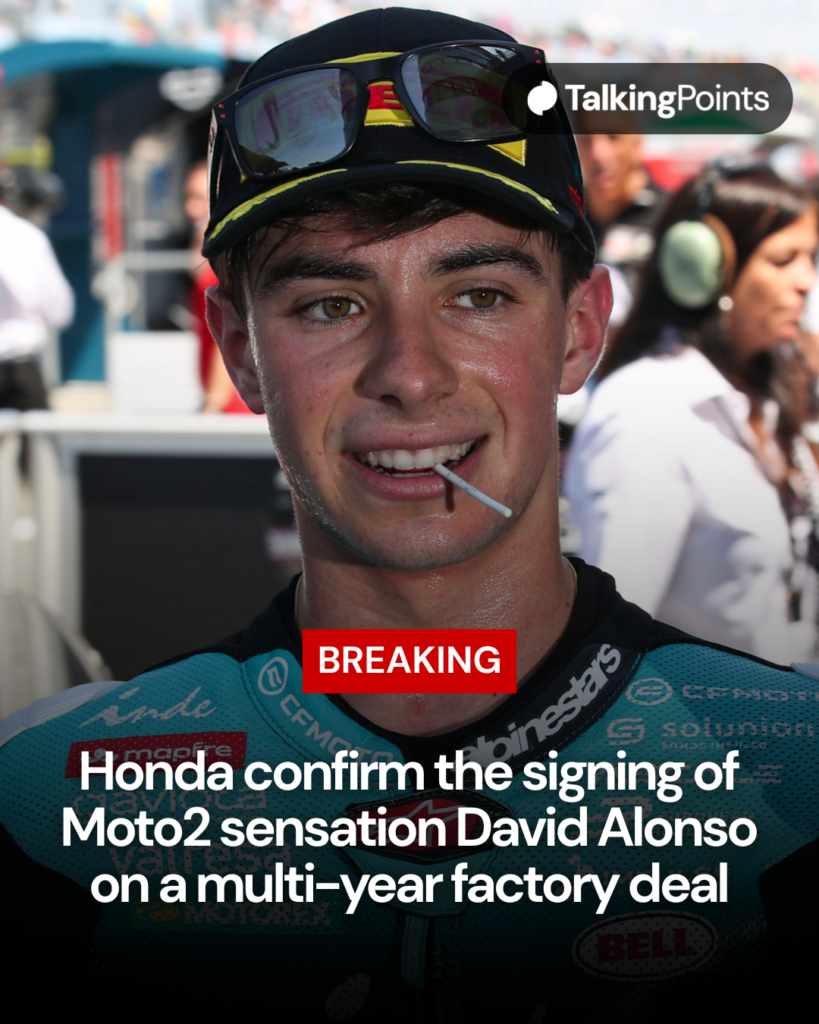 Breaker for Honda signing David Alonso, with an image of the CFMoto Moto2 rider celebrating winning the 2026 Dutch Grand Prix
