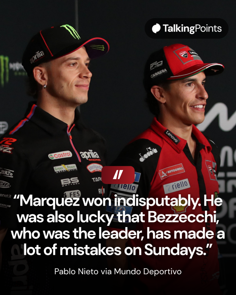 Aprilia rider Marco Bezzecchi and Ducati's Marc Marquez in a press conference at the 2026 MotoGP Czech Grand Prix