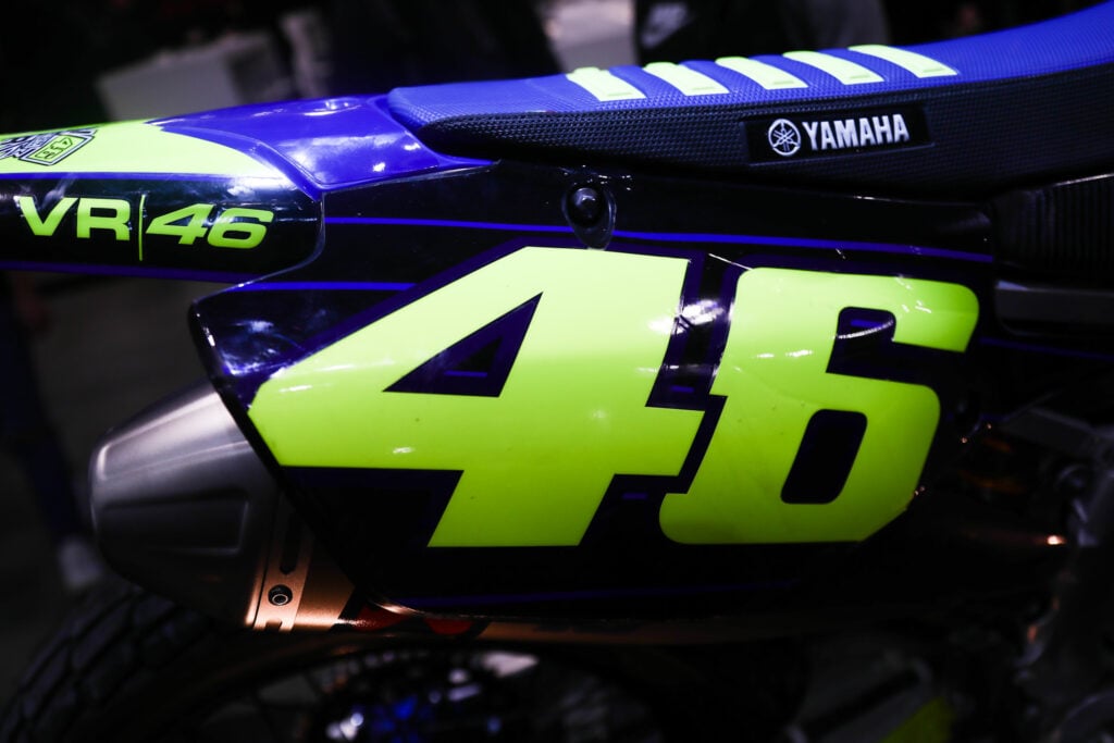 Valentino Rossi's number 46 on a Yamaha motorcycle during the EICMA motorcycle show in Milan.