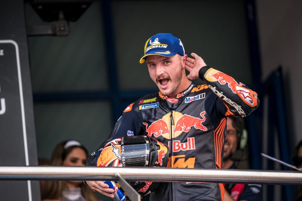 Jack Miller celebrates on the MotoGP podium for KTM
