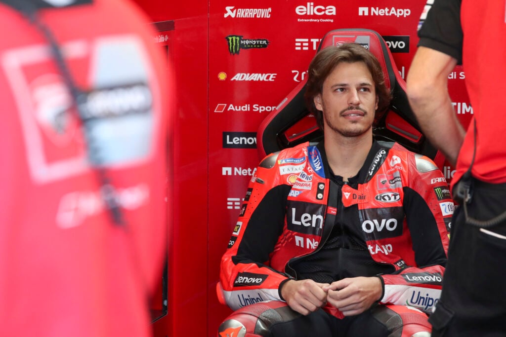 WSBK and MotoGP Ducati rider Nicolo Bulega in the garage at the Valencian GP.