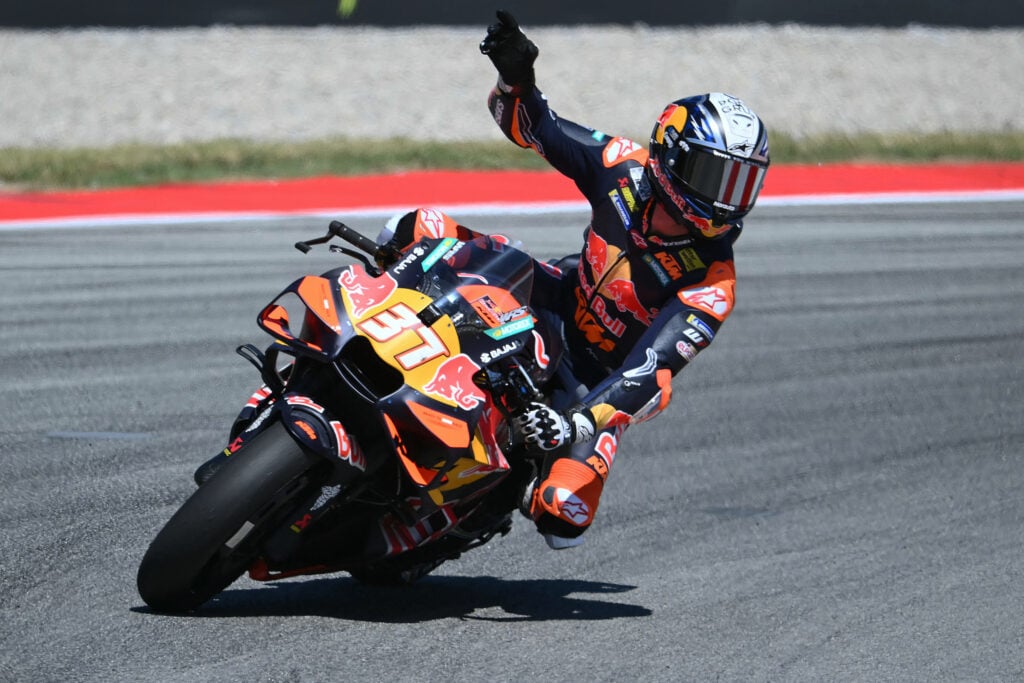 KTM rider Pedro Acosta celebrates scoring pole position for the 2026 MotoGP Catalan Grand Prix in Barcelona