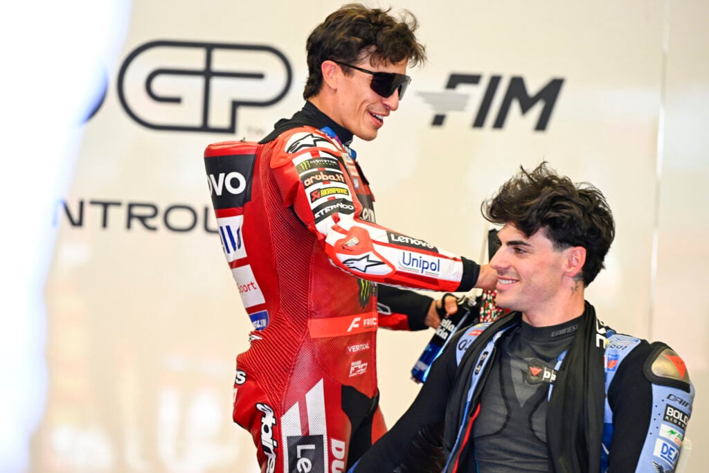 Ducati's Marc Marquez speaks to Gresini's Fermin Aldeguer ahead of the Mugello Sprint Race at the 2026 MotoGP Italian Grand Prix