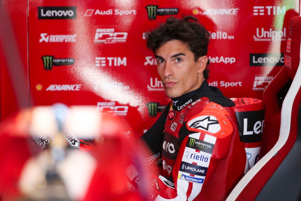 Ducati rider Marc Marquez gets ready in the garage before the Assen Sprint Race at the 2026 MotoGP Dutch Grand Prix