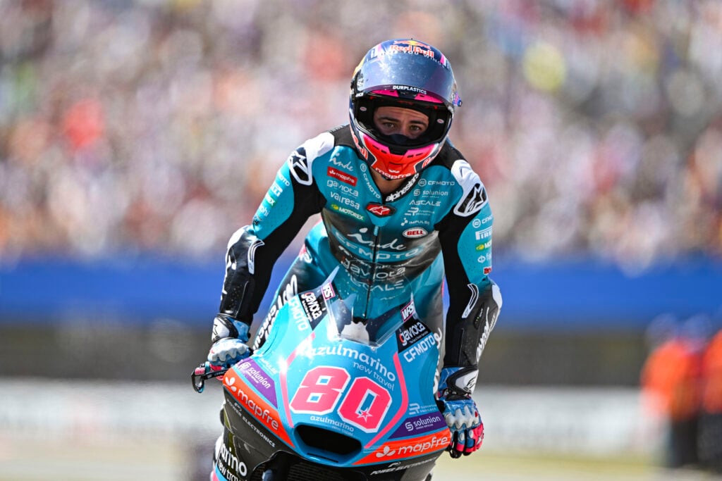 CFMoto Moto2 rider David Alonso celebrates winning the 2026 Dutch Grand Prix
